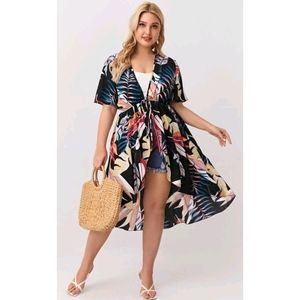 Plus Size Floral Print, Tie Front Kimono